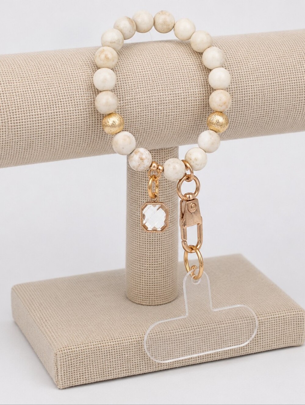 6.75" Ivory Beaded Crystal Phone Lanyard Wristlet Bracelet Rose Gold Charm